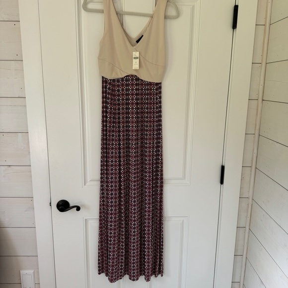 Anthropologie Pink Print Tan Blue Maeve Stretchy Colorblock Elysian Maxi Dress - Picture 5 of 11